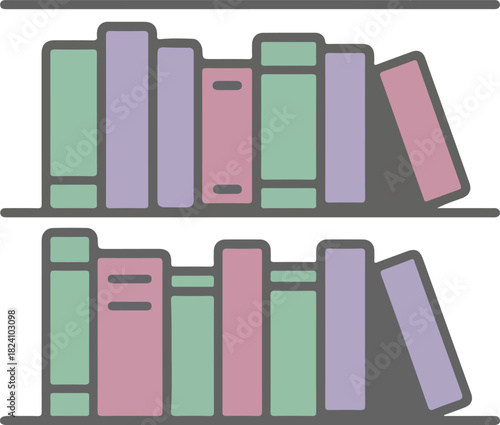 Vector illustration of two tall bookshelves filled with many colorful books stacked neatly and horizontally