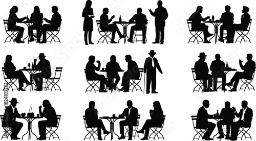PrintPeople silhouette, sitting pose, table interaction, social gesture, black and white, vector illustration, café scene, casual meeting, public conversation