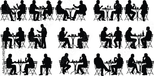 PrintPeople silhouette, sitting pose, table interaction, social gesture, black and white, vector illustration, conversation scene, casual meeting, public setting