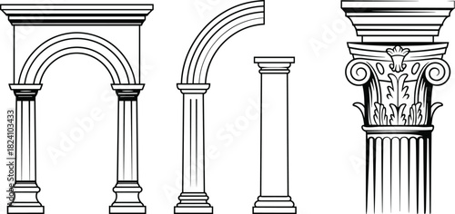 PrintClassic architectural column and arch vector illustration featuring detailed ancient design elements, ornamental structures, and elegant historical building components for decorative artwork.