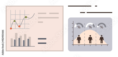 Statistical diagrams including line graph, bar chart, and bell curve with human figures and percentage indicators. Ideal for data analysis, business, education, research, reports, presentations