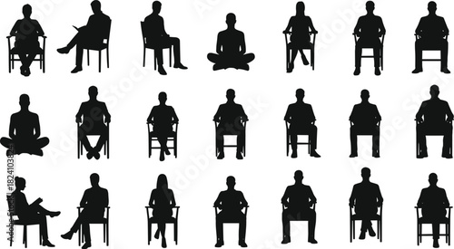 PrintSeated people, silhouette pose, reading gesture, black and white, vector illustration, chair posture, casual sitting, body language, ergonomic design