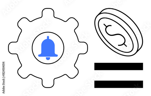 Gear with notification bell inside, dollar coin, and parallel bars suggesting settings, alerts, finance, equality, income management, monetization decision optimization. Ideal for communication