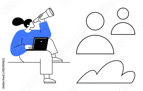 Woman seated with laptop, holding telescope to observe abstract icons of people and a cloud. Ideal for team collaboration, future vision, cloud computing, remote work, leadership, strategy