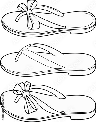 PrintSummer sandal illustration, stylish flip-flop line art, bow detail footwear sketch, casual beach sandal design, minimalist outline drawing for fashion