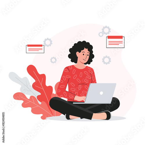 Young woman with curly hair sitting crosslegged while working a laptop computer surrounded by abstract decorative plant elements and interface icons
