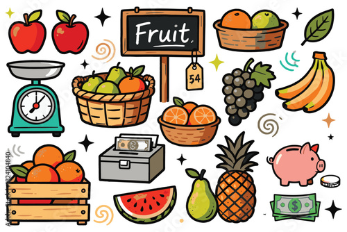 Fruits and vegetables doodle set in a simple vector illustration flat color