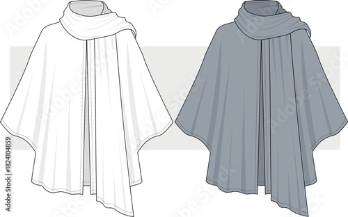 Women's Scarf Collar Poncho Jacket fashion technical drawing, illustration. Oversize Coat vector, CAD, Mockup Set.