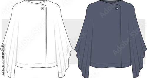 Women's Poncho Jacket fashion technical drawing, illustration. Oversize Coat vector, CAD, Mockup Set.	