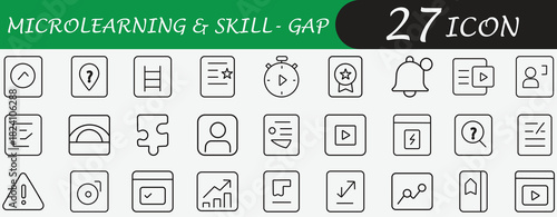 Microlearning Line Icon Set. Containing skill-gap, training, progress, certificate, and video symbols. Editable vector icon for EdTech app and corporate platforms