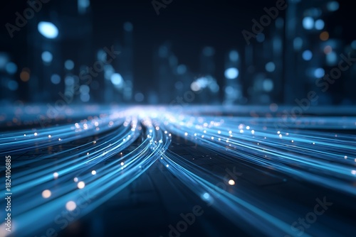 LAN cable connected to port with visible data streams (blue glowing lines), futuristic cyber environment