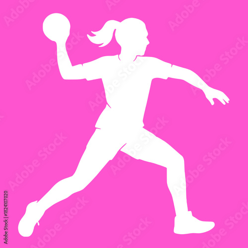 Dynamic handball action shot featuring a determined female athlete in mid-throw, perfect for sports marketing or fitness campaigns, originally from scalable vector
