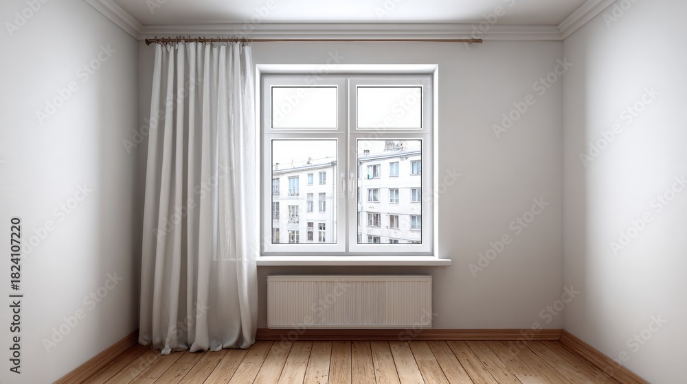 Fototapeta premium Empty room interior features white walls, light wooden flooring, and a central window with sheer curtain
