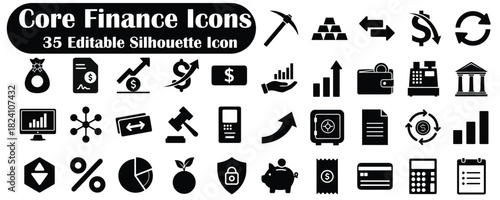 Solid Finance and Banking Glyph Icon Set: 35 Vector Silhouettes for Business, Investment, and Economy