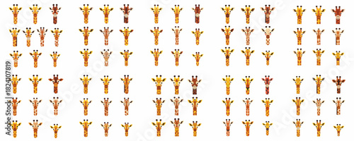 Seamless Pattern of Cute Cartoon Giraffe Heads with Diverse Colors and Spot Variations on White Background, perfect for Fabric and Wallpaper.