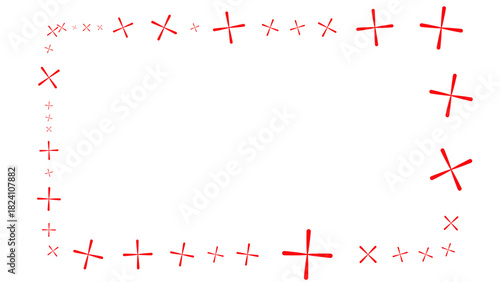 A decorative rectangular frame made from an irregular pattern of red x marks and plus signs, creating a playful border on a clean
