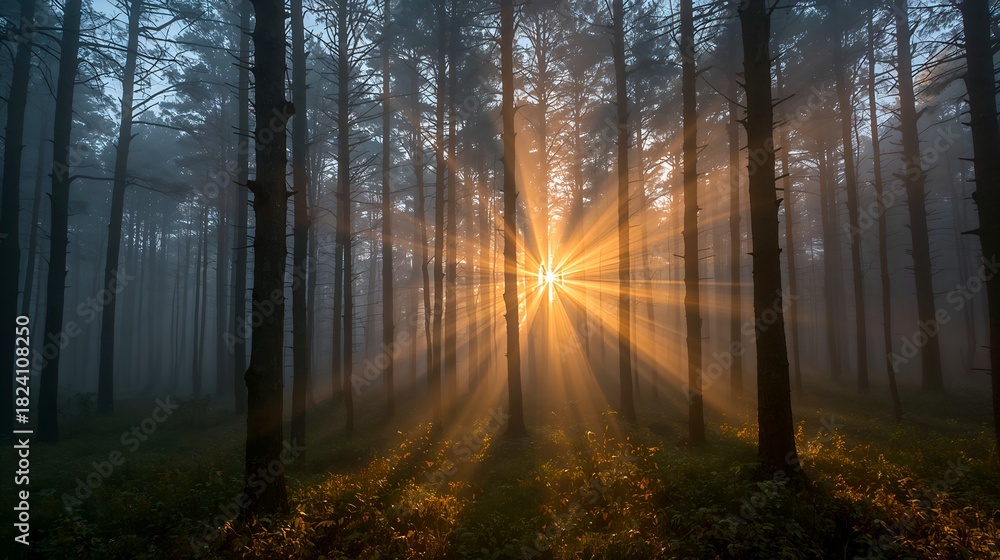 Fototapeta premium sunlight streams through trees in the forest. A beautiful natural landscape that shows the magic of the forest