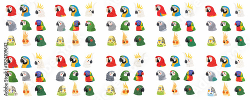 Colorful vector seamless pattern featuring cartoon heads of various exotic parrots, including macaw, cockatoo, African Grey, budgie, and cockatiel species.