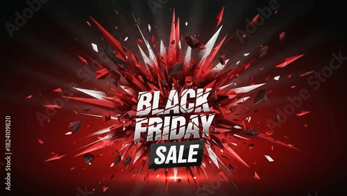 Black Friday sale explosion with edgy red and black shards for dynamic promotions and striking seasonal marketing campaigns this holiday season