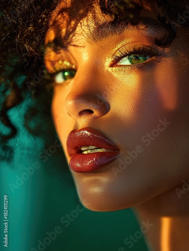 Close-up portrait of a young woman's face. she has dark curly hair that is styled in loose curls and falls over her shoulders. her eyes are a piercing green color and her lips are painted a deep red.