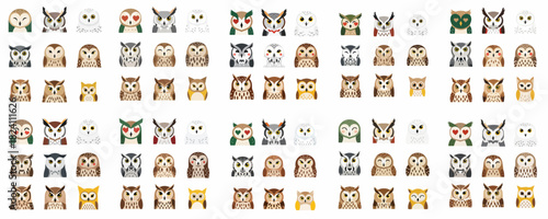 Mega set of cartoon owl avatars and portraits, featuring diverse species heads with various expressions like heart eyes, sleepy, and serious look.