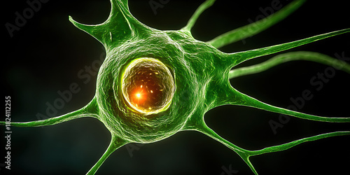 Bioluminescent fibroblast cell radiant nucleus glowing filamentous membrane scientific microscopy cellular structure luminescence