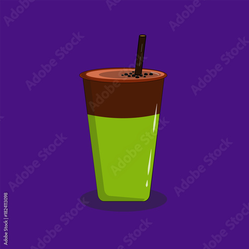 Cup of avocado chocolate and buble with a straw, with purple background