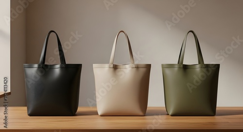 Empty premium tote bags standing on desk for logo design.