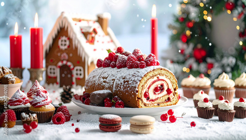 Indulge in holiday sweetness with a raspberry yule log cake, gingerbread house, and cupcakes for a festive celebration of joy and delicious treats