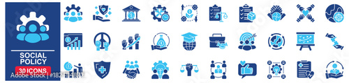 Social policy Web Icon Set in Blue style Flat. vector illustration concept relate to team, business, people, work, teamwork, person, hr, line, vector, group