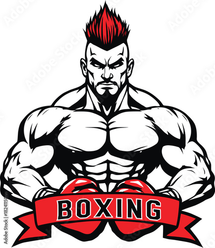 AdMohawk boxer illustration with red gloves and "BOXING" bannerobe Illustrator Artwork