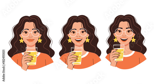 A cheerful young woman with glasses and star earrings enjoys a refreshing drink, depicted in three expressions.