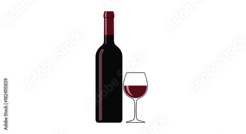 A minimalist illustration of a dark red wine bottle standing next to a wine glass filled with red wine on a clean white background.