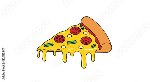 A fun cartoon illustration of a single slice of pizza with pepperoni, green peppers, and gooey, dripping melted cheese.