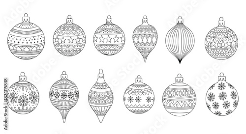 Hand-drawn black and white Christmas ornaments with various shapes and intricate festive patterns, ideal for holiday designs.