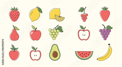 A vibrant collection of hand-drawn fruit illustrations with a textured, modern aesthetic, representing healthy and natural foods.