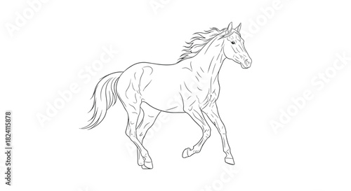 Elegant black and white line art drawing of a majestic horse in motion, featuring its dynamic pose, flowing mane, and tail, isolated on a clean white background.