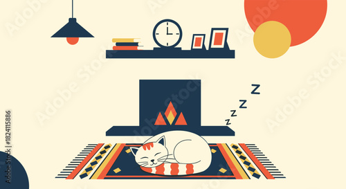 A cozy and warm home scene featuring a peaceful white cat sleeping on a patterned rug in front of a burning fireplace, with minimalist decor.