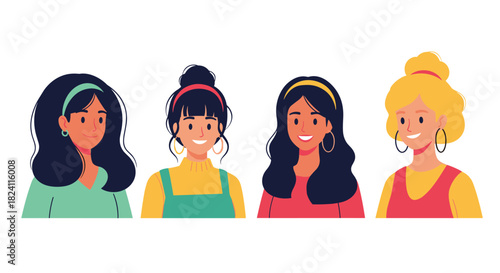 Four diverse and smiling young women with varying skin tones and hairstyles, standing together and radiating positive energy.