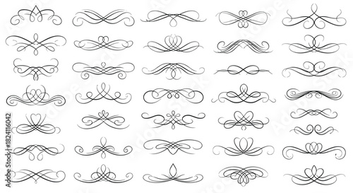 A diverse collection of elegant, hand-drawn vintage calligraphic scroll dividers and flourishes, perfect for decorative design elements.