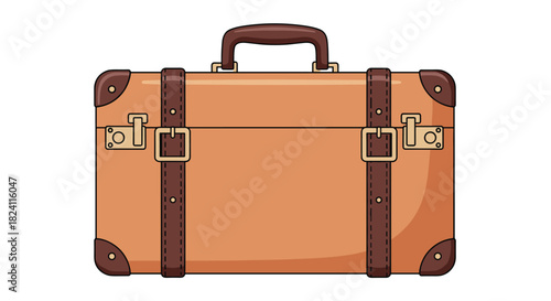 An illustrated vintage-style brown suitcase with straps and clasps, ready for travel or adventure.