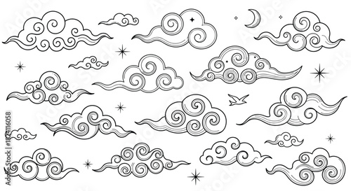 Hand-drawn set of traditional Asian-style clouds with stars, moon, and a bird, depicting an oriental sky motif.