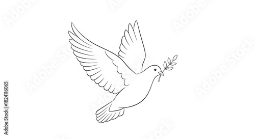 A graceful line art illustration of a dove in flight, holding an olive branch, symbolizing peace, hope, and new beginnings.