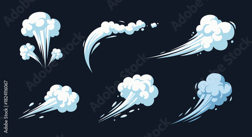 Dynamic cartoon speed lines, steam, and wind effects for expressing rapid movement, energy, and impact in comics and animation.