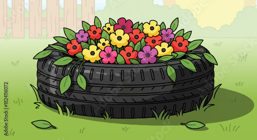 Upcycled tire planter, creative floral reuse with recycled garden container and colorful blooms in an eco friendly planter, suitable for poster design, article header, and eco-themed product mockup.