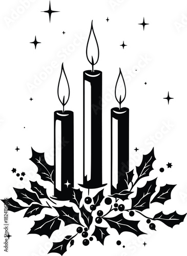 Adobe IllustThree lit candles with holly and stars in black and whiterator Artwork