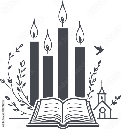 Adobe IlFaith-themed illustration with Bible, candles, church, and flying birdlustrator Artwork
