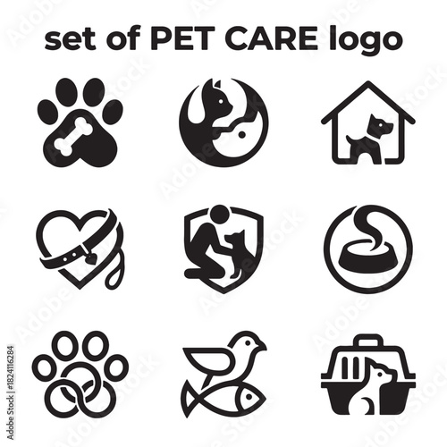 Modern vector set of black and white pet care logo icons for animals; ideal for clinics, shops, and branding services.