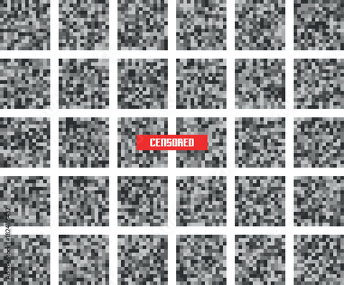 Censored information concept with pixelated images and red bar covering the truth
