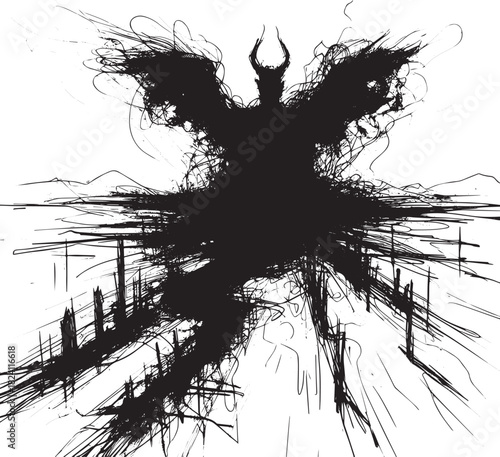 Ink Sketch Depicting a Shadowy Winged Figure Over a Barren Lands
